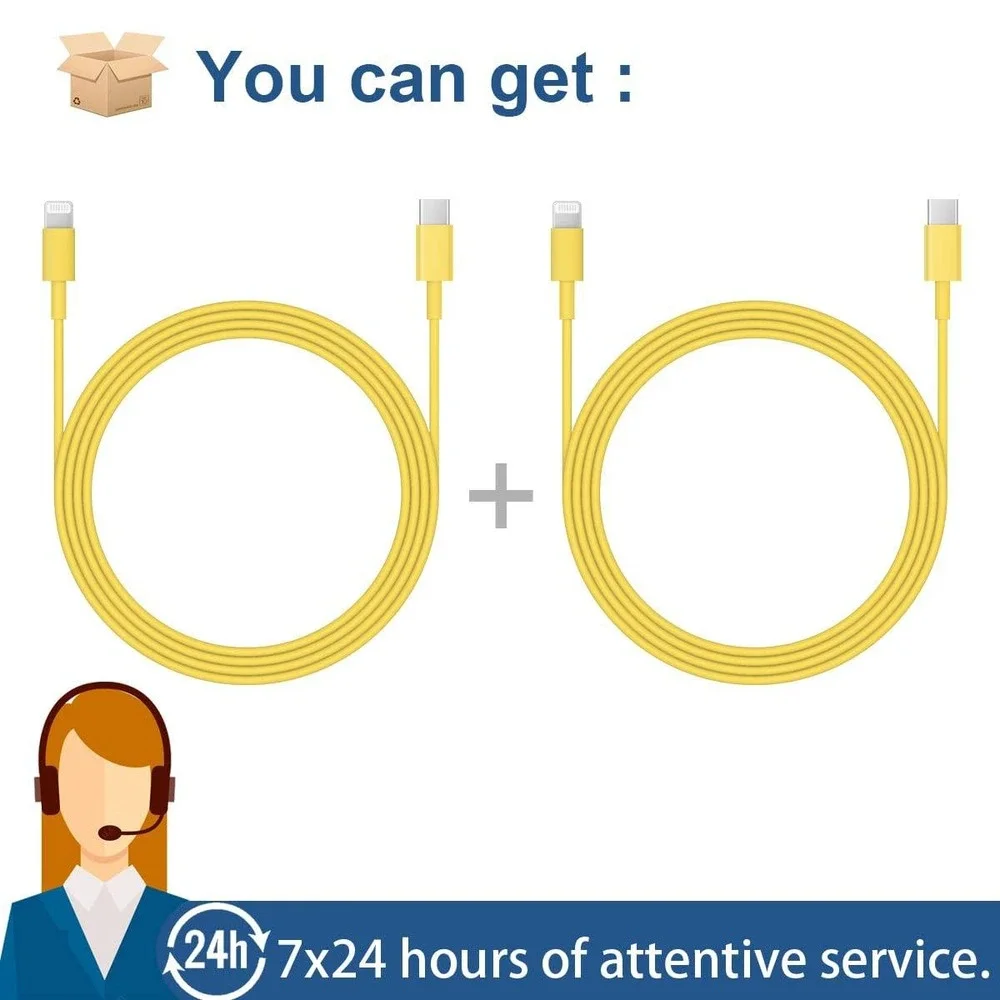 2 Pack Yellow USB-C to Lightning Cable MFi Certified PD Fast Charging Data‎ Cord